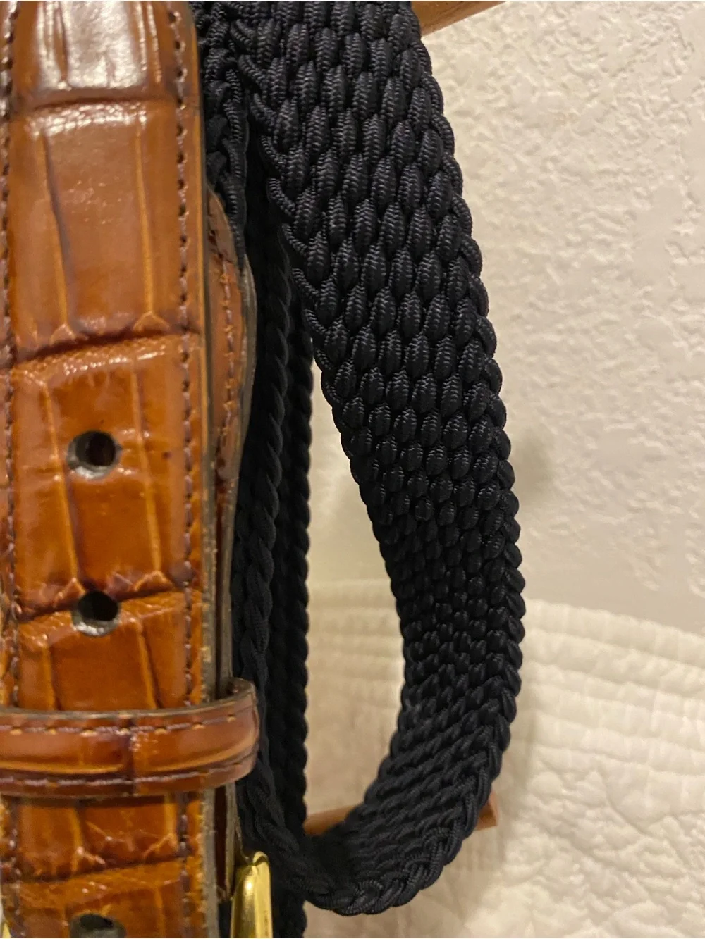 BRIGHTON Men's “Stretch Braided Leather Belt” Size 38 Brwn/Navy Gold Buckle EUC